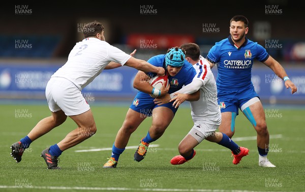250621 - Italy U20s v France U20s - U20s 6 Nations Championship - T Di Bartolomeo of Italy is tackled by Edgar Retiere of France