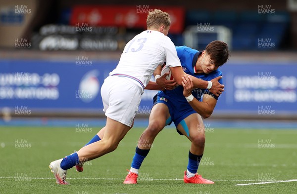 250621 - Italy U20s v France U20s - U20s 6 Nations Championship - Lorenzo Pani of Italy is tackled by Emilien Gailleton of France