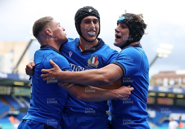 250621 - Italy U20s v France U20s - U20s 6 Nations Championship - Simone Gesi of Italy celebrates scoring a try with team mates