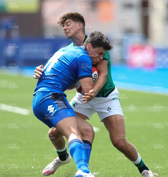 070721 - Italy U20 v Ireland U20, 2021 Six Nations U20 Championship - Chay Mullins of Ireland tackles Flavio Pio Vaccari of Italy