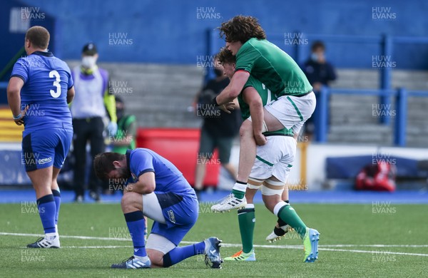 070721 - Italy U20 v Ireland U20, 2021 Six Nations U20 Championship - Reuben Crothers of Ireland and Alex Soroka of Ireland celebrate at the end of the match