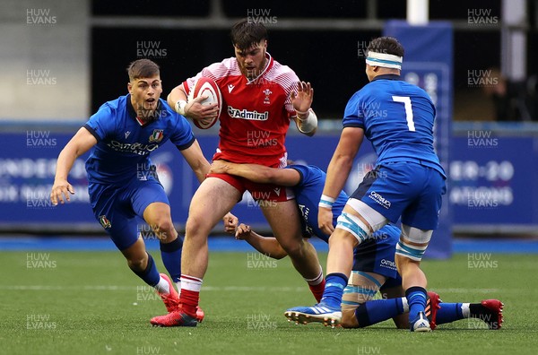 190621 - Italy U20s v Wales U20s - U20s 6 Nations Championship - Efan Daniel of Wales is tackled by Luca Andreani of Italy