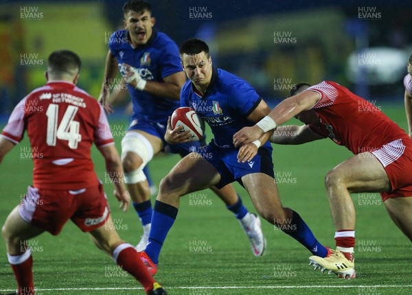 190621 - Italy U20 v Wales U20, U20 Six Nations - Filippo Drago of Italy is tackled by Matteo Baldelli of Italy