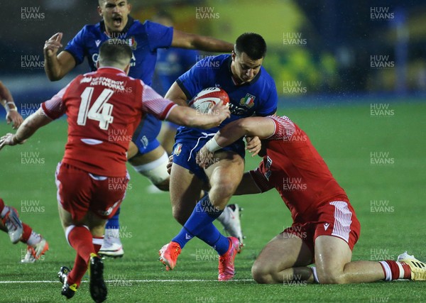 190621 - Italy U20 v Wales U20, U20 Six Nations - Filippo Drago of Italy is tackled by Matteo Baldelli of Italy