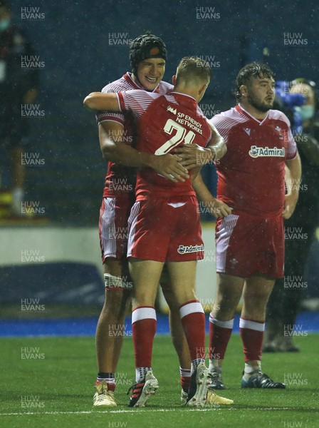 190621 - Italy U20 v Wales U20, U20 Six Nations - Dafydd Jenkins of Wales and Ethan Lloyd of Wales celebrate on the final whistle
