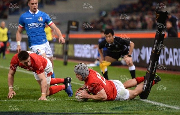090219 - Italy v Wales - Guinness Six Nations - Jonathan Davies of Wales crosses the line before the try is disallowed