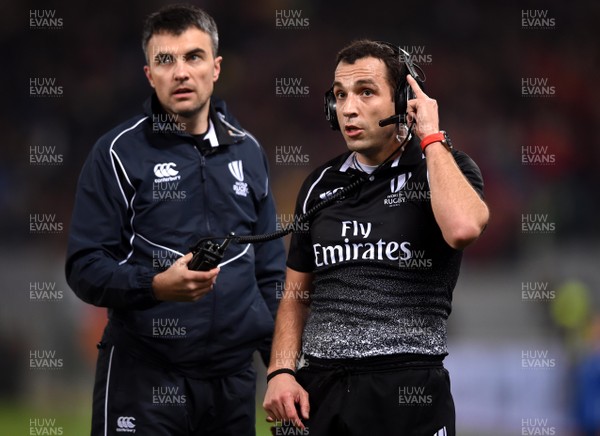 090219 - Italy v Wales - Guinness Six Nations - Referee Mathieu Raynal talks to the TMO through headphones