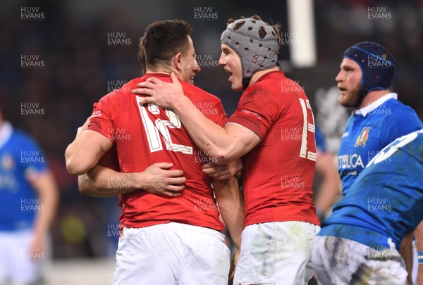 090219 - Italy v Wales - Guinness Six Nations - Owen Watkin of Wales celebrates scoring try with Jonathan Davies (right)