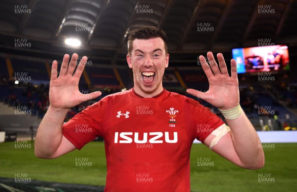 090219 - Italy v Wales - Guinness Six Nations - Adam Beard of Wales celebrates winning all 10 of his first test matches equalling the record set by Peter Rogers