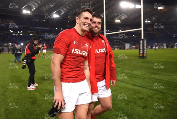 090219 - Italy v Wales - Guinness Six Nations - Owen Watkin and Nicky Smith of Wales celebrates at the end of the game