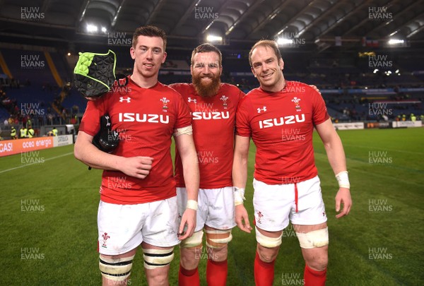 090219 - Italy v Wales - Guinness Six Nations - Adam Beard, Jake Ball and Alun Wyn Jones of Wales celebrates at the end of the game
