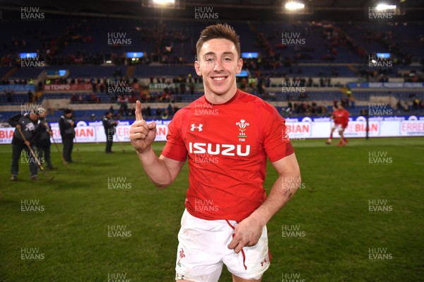 090219 - Italy v Wales - Guinness Six Nations - Josh Adams of Wales celebrates at the end of the game