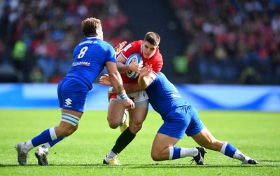 110323 - Italy v Wales - Guinness Six Nations - Joe Hawkins of Wales takes on Lorenzo Cannone and Michele Lamaro of Italy