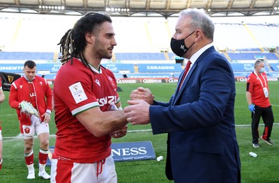 130321 - Italy v Wales - Guinness Six Nations - Man of the Match Josh Navidi of Wales with head coach Wayne Pivac