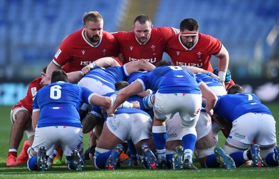 130321 - Italy v Wales - Guinness Six Nations - Welsh front row Tomas Francis, Ken Owens and Wyn Jones of Wales