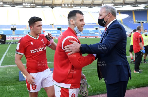 130321 - Italy v Wales - Guinness Six Nations - Gareth Davies with Wales head coach Wayne Pivac at full time