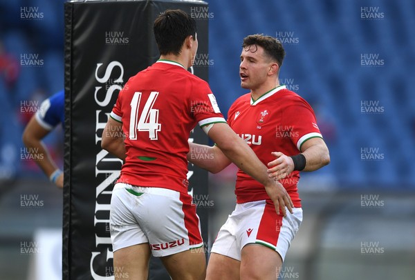 130321 - Italy v Wales - Guinness Six Nations - Louis Rees-Zammit of Wales celebrates scoring try with Elliot Dee