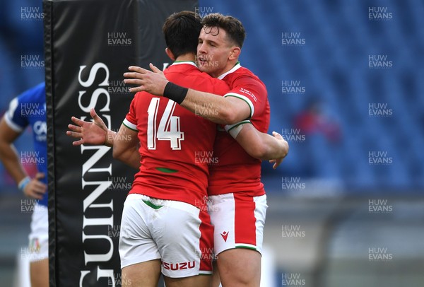 130321 - Italy v Wales - Guinness Six Nations - Louis Rees-Zammit of Wales celebrates scoring try with Elliot Dee