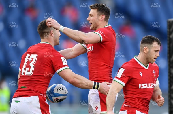 130321 - Italy v Wales - Guinness Six Nations - George North of Wales celebrates scoring a try with Dan Biggar