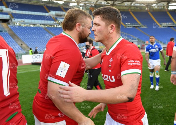 130321 - Italy v Wales - Guinness Six Nations - Tomas Francis and Callum Sheedy of Wales at full time