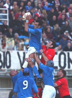 150203 - Italy v Wales - Six Nations Championship -  Italy's Cristian Bezzi wins line out ball ahead of Robert Sidoli  