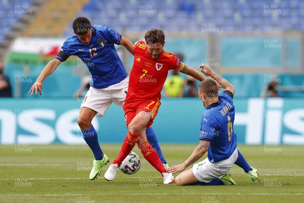 200621 - Italy v Wales - Euro 2020, Group A - Joe Allen of Wales is tackled by Matteo Pessina and Marco Verratti