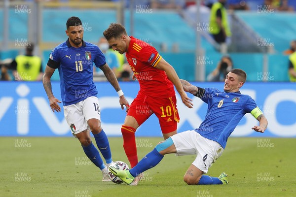 200621 - Italy v Wales - Euro 2020, Group A - Aaron Ramsey of Wales is tackled by Marco Verratti