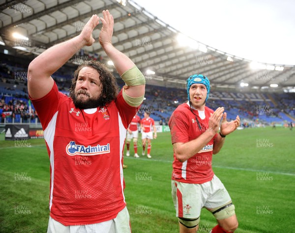 230213 - Italy v Wales - RBS Six Nations -Adam Jones and Justin Tipuric of Wales celebrate at the end of the game