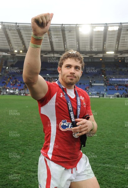 230213 - Italy v Wales - RBS Six Nations -Leigh Halfpenny of Wales celebrates at the end of the game