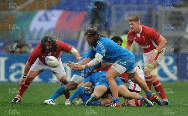 230213 - Italy v Wales - RBS Six Nations -Martin Castrogiovanni of Italy gets the ball away