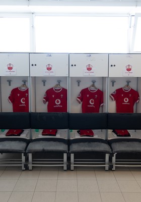 270425 - Italy v Wales, Guinness Women’s Six Nations 2025 - Wales match jerseys hang in the changing room ahead of the match