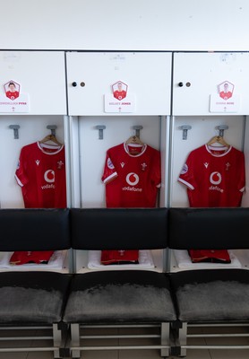 270425 - Italy v Wales, Guinness Women’s Six Nations 2025 - Wales match jerseys hang in the changing room ahead of the match