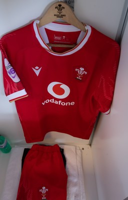 270425 - Italy v Wales, Guinness Women’s Six Nations 2025 - Wales match jerseys hang in the changing room ahead of the match