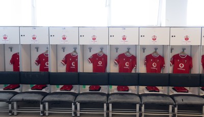 270425 - Italy v Wales, Guinness Women’s Six Nations 2025 - Wales match jerseys hang in the changing room ahead of the match