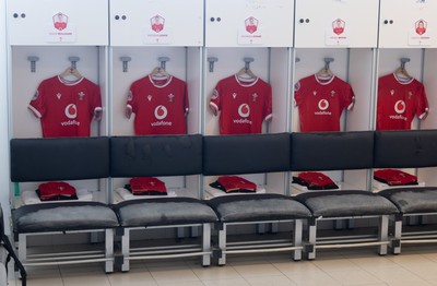 270425 - Italy v Wales, Guinness Women’s Six Nations 2025 - Wales match jerseys hang in the changing room ahead of the match