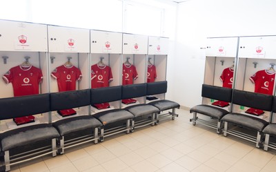270425 - Italy v Wales, Guinness Women’s Six Nations 2025 - Wales match jerseys hang in the changing room ahead of the match