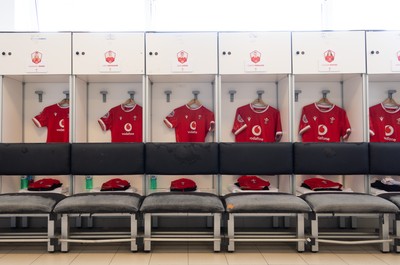 270425 - Italy v Wales, Guinness Women’s Six Nations 2025 - Wales match jerseys hang in the changing room ahead of the match
