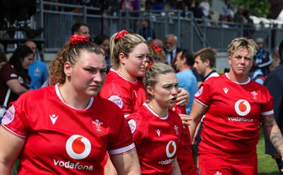 270425 - Italy v Wales, Guinness Women’s Six Nations 2025 - Gwenllian Pyrs of Wales, Gwen Crabb of Wales, Keira Bevan of Wales and Donna Rose of Wales at the end of the match