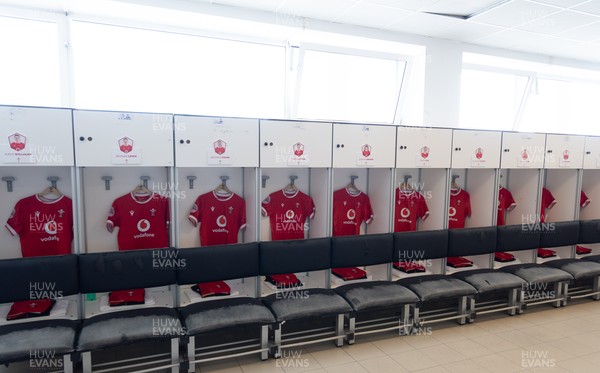270425 - Italy v Wales, Guinness Women’s Six Nations 2025 - Wales match jerseys hang in the changing room ahead of the match