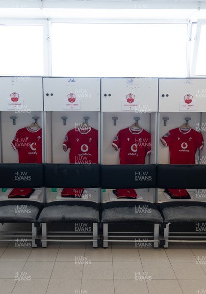270425 - Italy v Wales, Guinness Women’s Six Nations 2025 - Wales match jerseys hang in the changing room ahead of the match