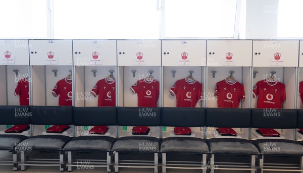 270425 - Italy v Wales, Guinness Women’s Six Nations 2025 - Wales match jerseys hang in the changing room ahead of the match