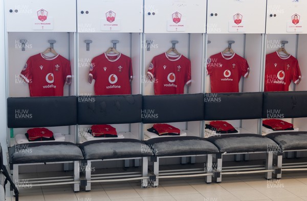 270425 - Italy v Wales, Guinness Women’s Six Nations 2025 - Wales match jerseys hang in the changing room ahead of the match
