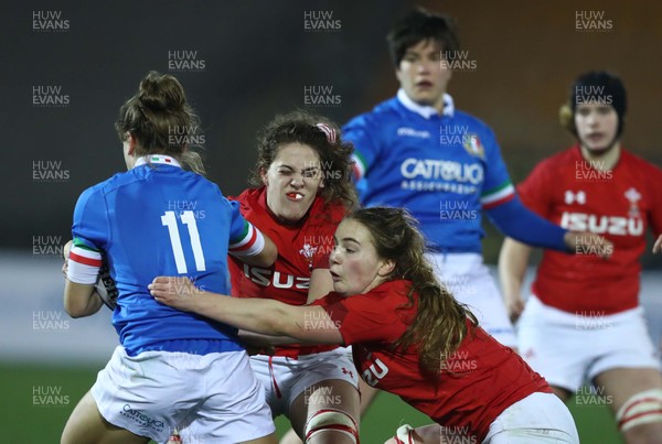 090219 - Italy v Wales - Guinness Women's Six Nations -  Sofia Stefan of Italy tackled by Natalia John of Wales     