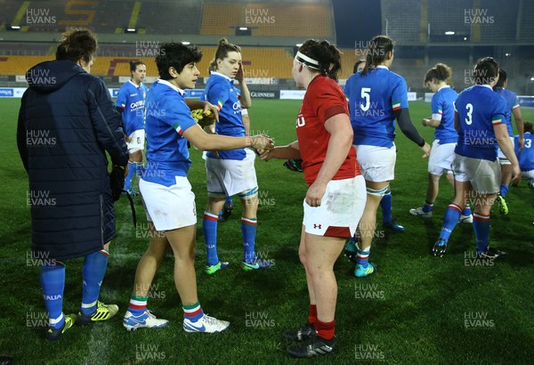 090219 - Italy v Wales - Guinness Women's Six Nations -  Players of the two teams shaking hands at the end of the match 