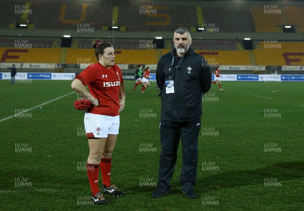090219 - Italy v Wales - Guinness Women's Six Nations -  Carys Phillips of Wales with Wales head coach Rowland Phillips