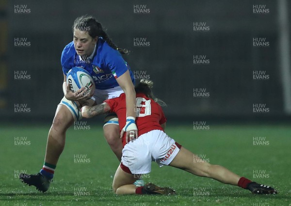 090219 - Italy v Wales - Guinness Women's Six Nations -  Valeria Fedrighi of Italy is tackled by Keira Bevan of Wales 