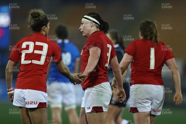 090219 - Italy v Wales - Guinness Women's Six Nations -  Jess Kavanagh, Amy Evans and Caryl Thomas of Wales 