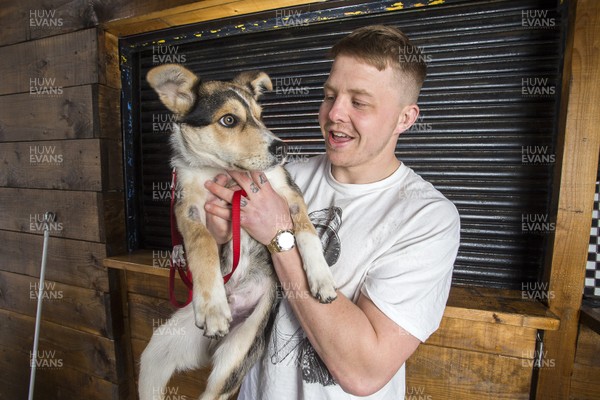 290318 - Picture shows Scarlets player James Davies with his puppy Desmond near his home in Cardiff