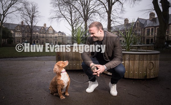 280122 -   Rugby star Jamie Roberts who is about to start a new life with his family in Australia walking his dog Layla near his home in Pontcanna, Cardiff