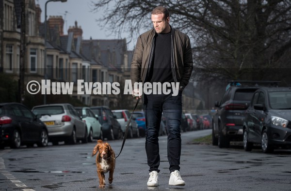 280122 -   Rugby star Jamie Roberts who is about to start a new life with his family in Australia walking his dog Layla near his home in Pontcanna, Cardiff